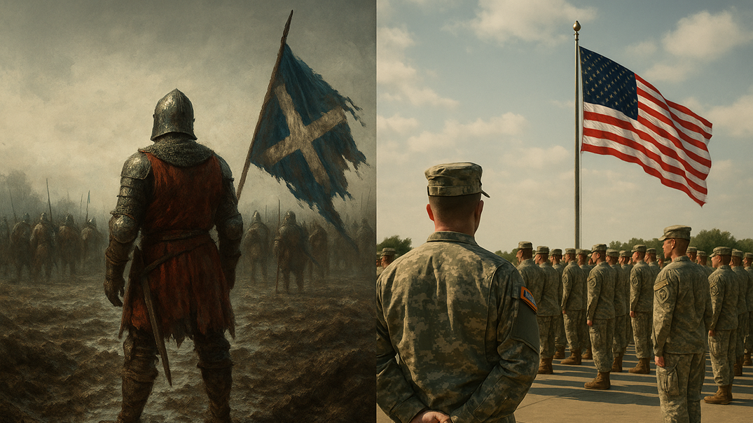 A medieval battlefield and a modern deployment ceremony contrasted in a split image.