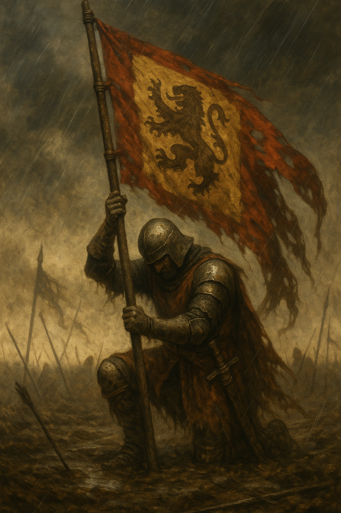A medieval knight lifts a fallen banner in the mud, refusing to retreat.