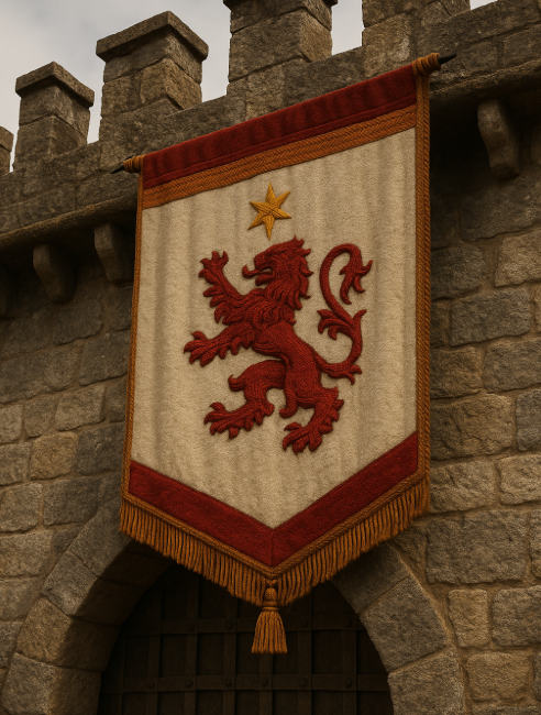A richly embroidered family banner displayed on the battlements of a stone fortress.