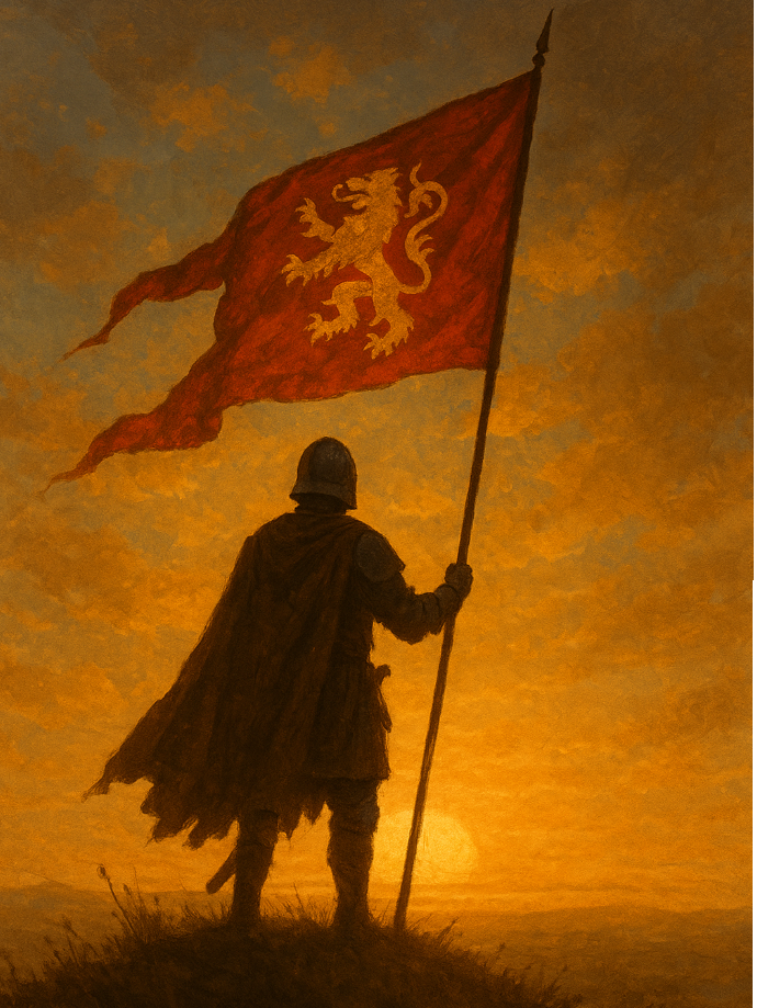 A lone medieval banner on a hill at sunrise or sunset. The medieval banner catches the wind, symbolizing legacy and honor.