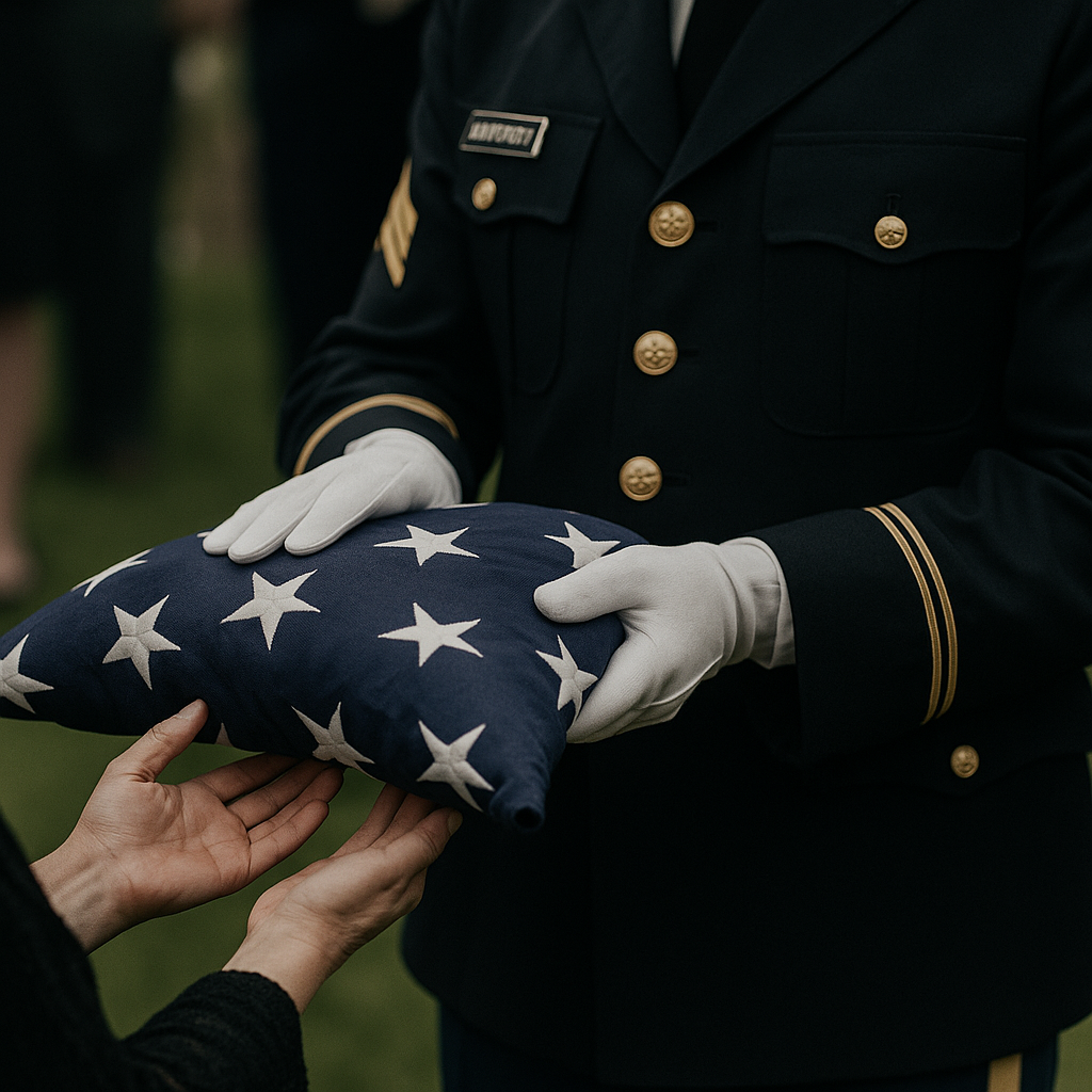 A folded flag being presented during a military funeral