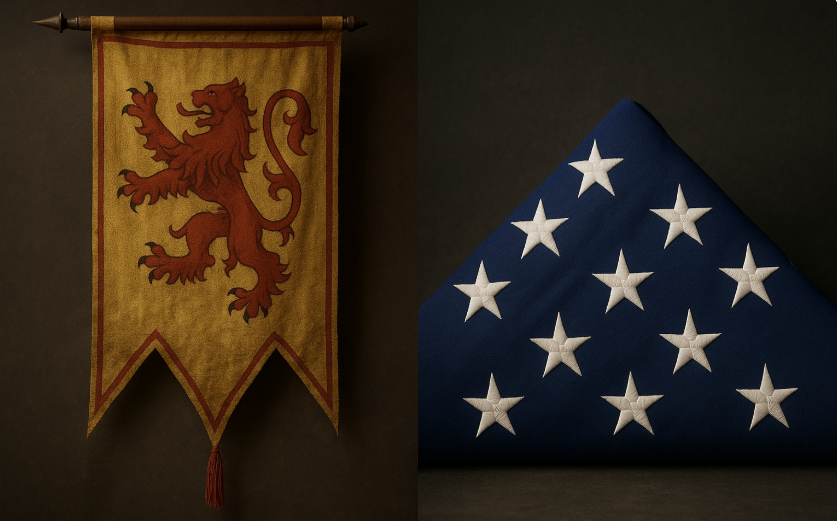 A medieval banner and a folded American flag shown side by side, symbolizing shared values.