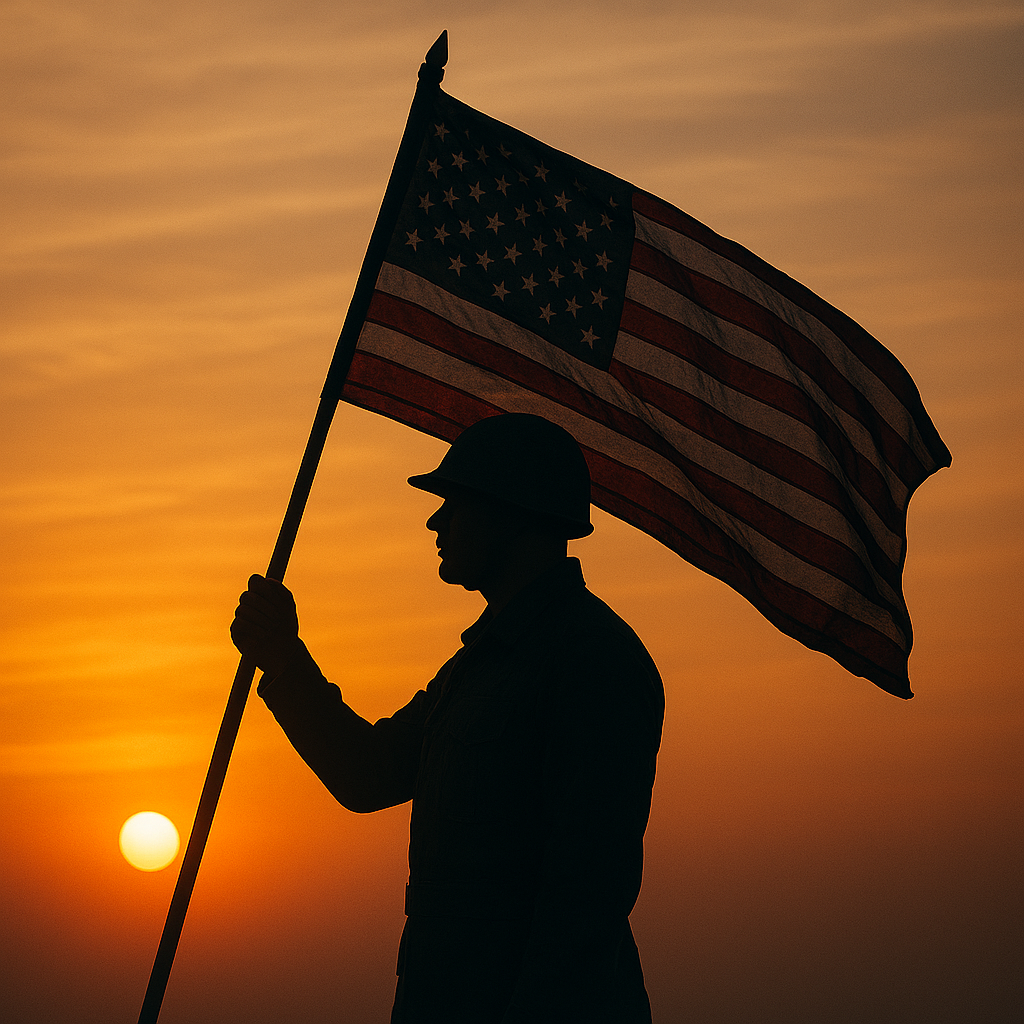 A soldier stands silhouetted at sunrise, holding a banner that ripples in the wind.
